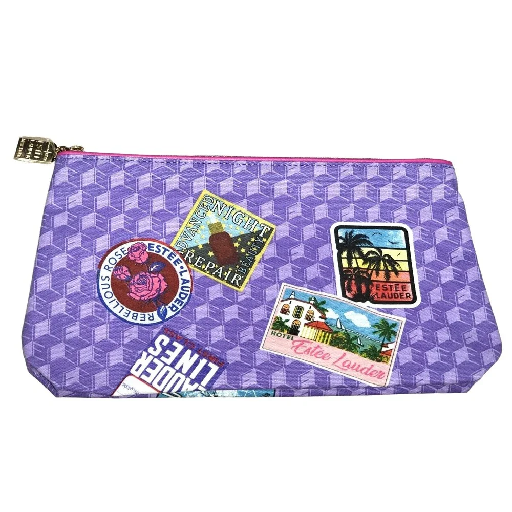 New ESTEE LAUDER Printed Travel Cosmetic Makeup Bag 2 Sided W/Pink Luggage Tag